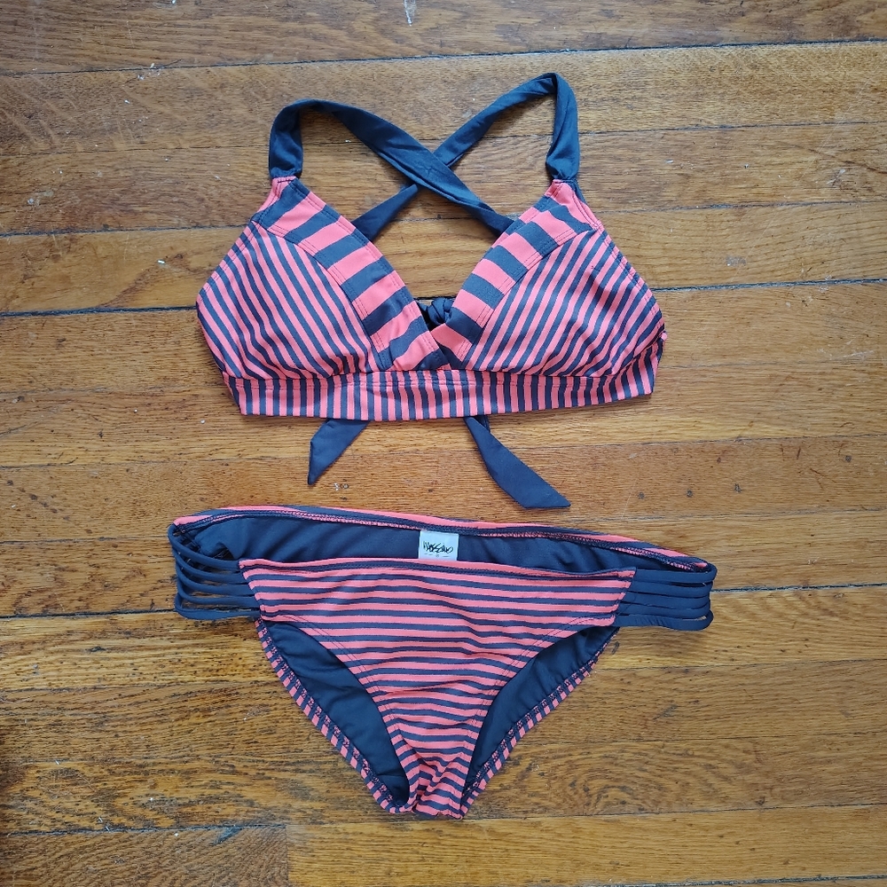 Y2K Vintage Mossimo Women's Swimwear Pink Gray Stripe Bikini Medium 2 Piece Swim